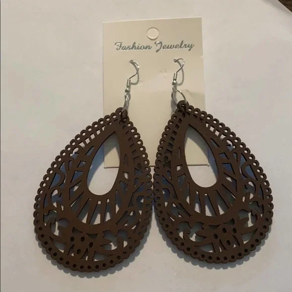 Brown Carved Hollow Wood Water Drop Earrings - Picture 3 of 5